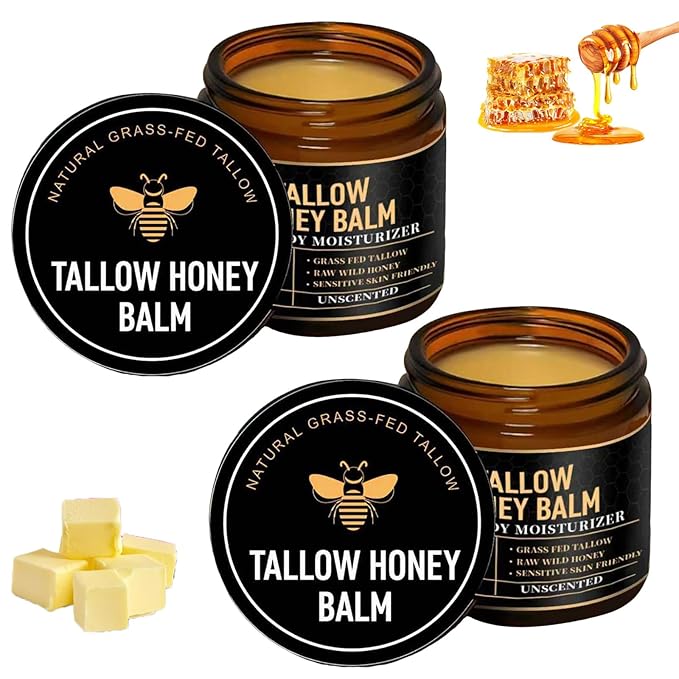 2 Packs Organic Beef Tallow for Skin, Grass Fed Tallow and Honey Balm for Face, Tallow Face Moisturizer with Raw Honey,Natural Soothing Moisturizing Cream for Dry Sensitive Skin(Unscented)