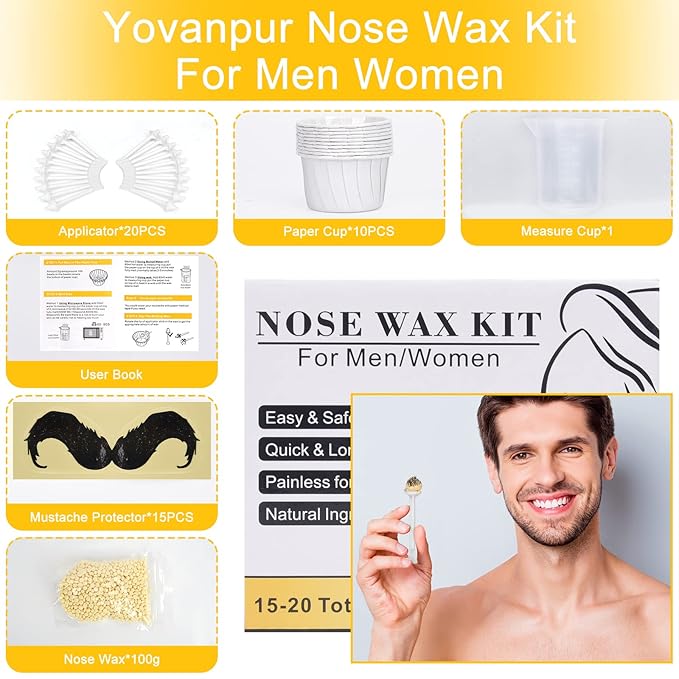 Nose Wax Kit for Men Women, Yovanpur Nose Hair Waxing Kit with 100g Nose Hair Wax Beads (15-20 USES), 20 Applicator, 15 Mustache Protector, 10 Paper Cups, 1 Measuring Cup - Easy, Quick and Painless