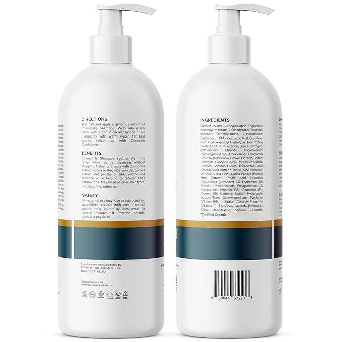 Chamomile Shampoo with Cocoa Butter, Aloe Vera & Papaya, 16 fl oz, Calming & Hydrating Formula, Vegan, Sulfate-Free, Paraben-Free, for All Hair Types