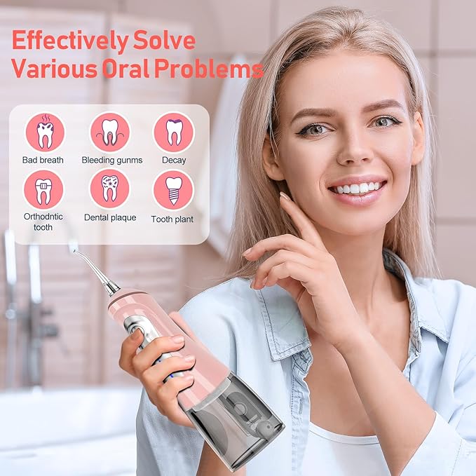 NBGRLVS Water Dental Picks for Teeth Cleaning,6 Modes 6 Tips and Storage Case Water Dental Flossers Cordless 320ML IPX 7 Waterproof Rechargeable Portable Electric Dental flosser for Trave Home (Pink)