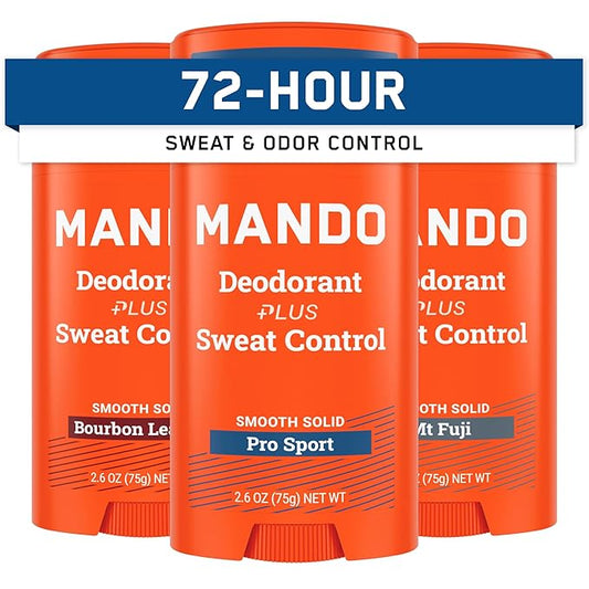 Mando Antiperspirant Deodorant Sweat and Odor Control for Men – Extra Strength Smooth Solid Stick – 72 Hour Performance – Baking Soda Free – 2.6 oz – 3 Pack – Bourbon Leather, Pro Sport, Mt Fuji