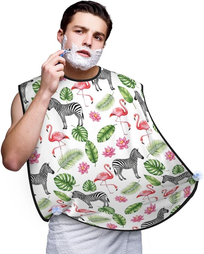 Men's Beard Maintenance Apron, Waterproof & Easy Clean, Exotic Pink Flamingo Zebra Hawaii Tropic Palm Leaf Floral Print
