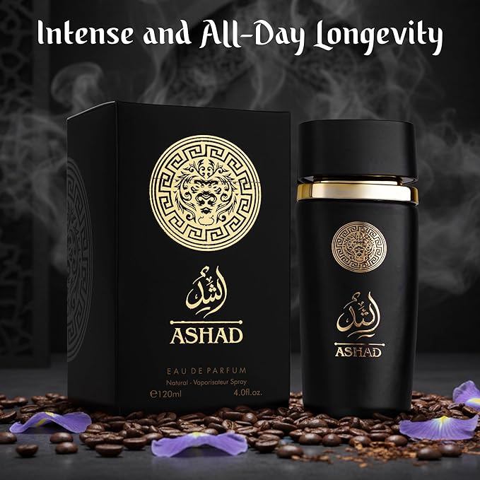 SAADAH Ashad Eau De Parfum for Men 4.0 Fl.oz, 120ml Oriental Amber Spicy Fragrance, Bold Black Pepper Tobacco Pineapple, Coffee Patchouli Vanilla Amber, Long Lasting Masculine Luxury Scent