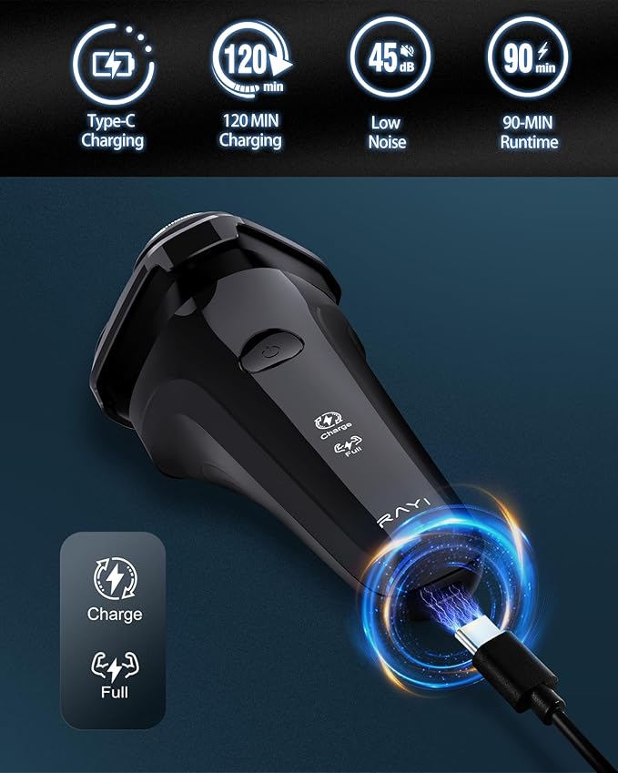 Electric Razor for Men, 90-Min Runtime, Type-C Fast Charging, Cordless Electric Shaver for Men with Stainless Steel 4D Rotary Blades, Low Noise, Portable Travel, Foil Shaver - Black