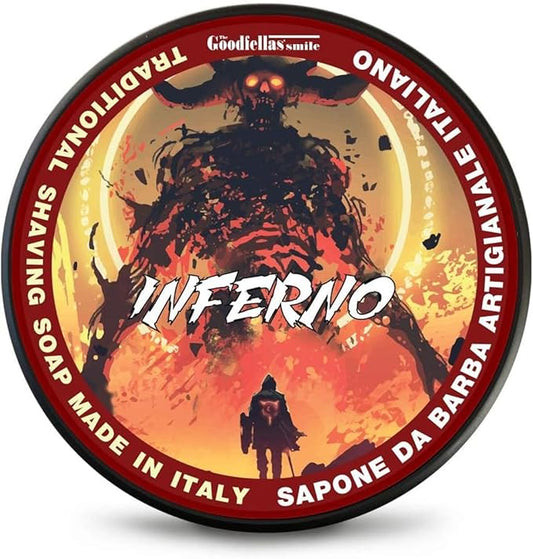 The Goodfellas’ Smile INFERNO (Leather, Cedar & Sandalwood) Italian Shaving Soap – Tallow-Based Soft Soap for Traditional Wet Shaving with Shave Brush & Razor