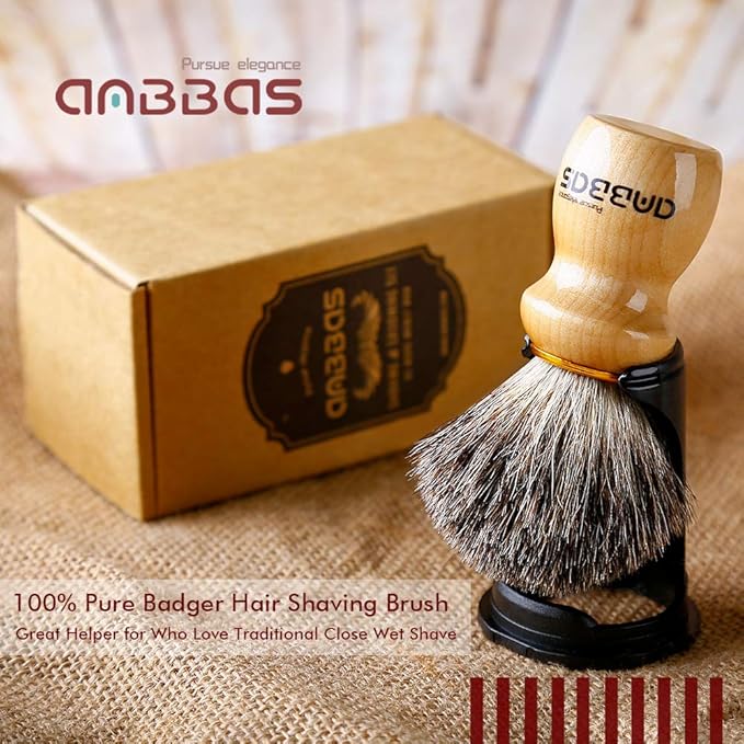 Anbbas Shaving Brush and Holder,Pure Badger Hair with Wood Handle,Black Resin Stand Holder,Contracted Design 2in1 Set for Men Wet Shave