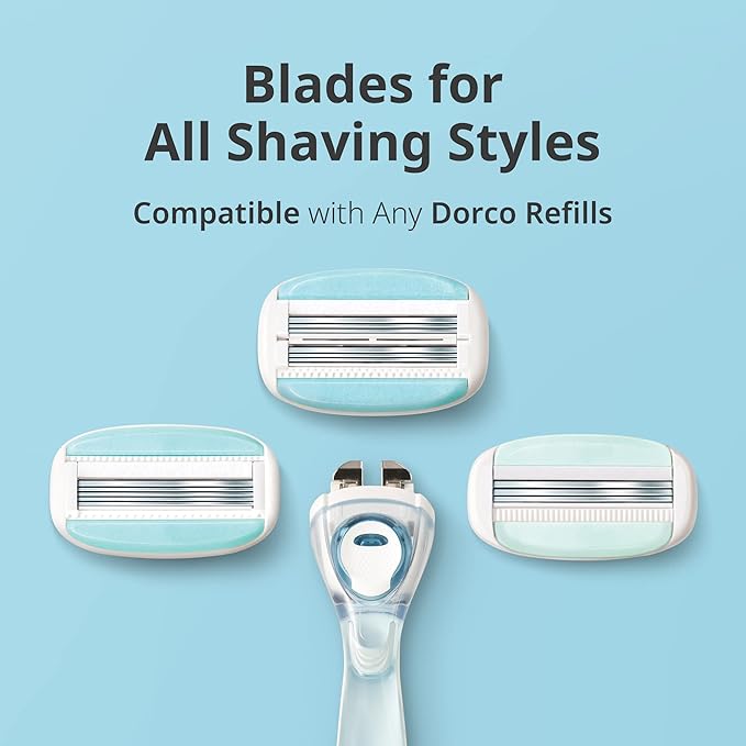 Dorco EVE6 Razors for Extra Smooth Shaving | 1 Razor Handle & 2 Blade Refills | 6 Curved Blades with Flexible Aloe Vera Moisture Bar | Interchangeable Cartridges for Sensitive Skin