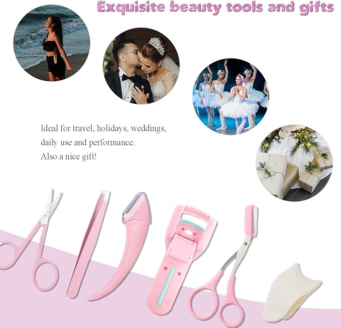 ONEUPIN 7-Piece Professional Eyebrow Grooming Kit with Razor, Tweezer, Eyelash Curler, False Eyelash Tool, Scissors, Comb - Women's Kit (Pink)