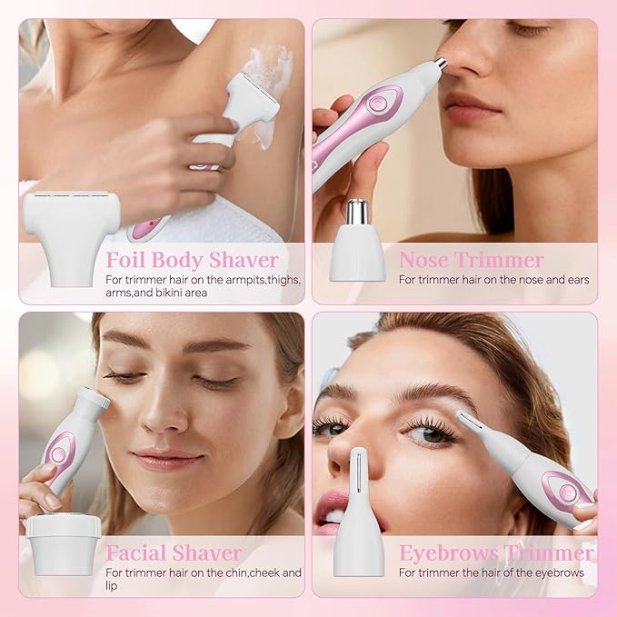 Women‘s Electric Razor 4-in-1 - Painless Hair Removal for Bikini, Face, Body & Nose, Wet & Dry Shaver with LED Display, USB-C Fast Charging, IPX6 Waterproof, Travel Gift