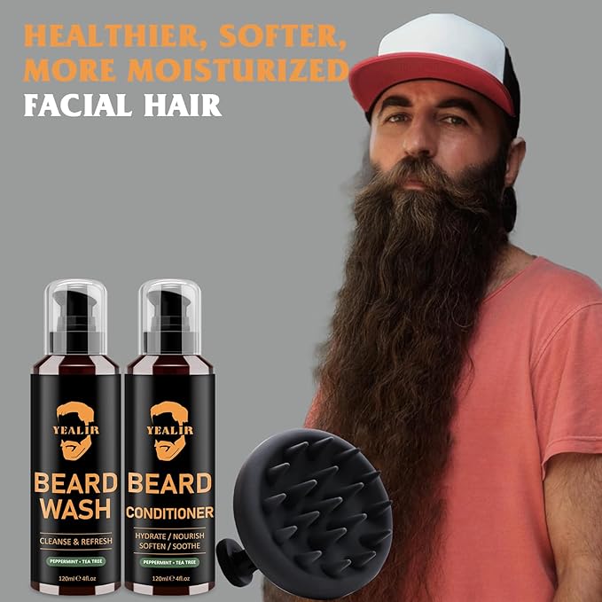 Beard Wash, Beard Conditioner w/Tea Tree Oils, Reduces Beard Dandruff & Relieves Itching, Strengthens, Softens and Nourishes Dry & Coarse Beards - Beard Shampoo w/Beard Brush 2 x 4 Fl Oz