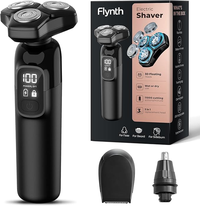 Electric Razor for Men Flynth 3-in-1 Cordless Shaver 3-Blade Rotary Shavers Wet/Dry for Beard Nose & Face, IPX7 Waterproof Fast Charge Travel Trimmer Grooming Set