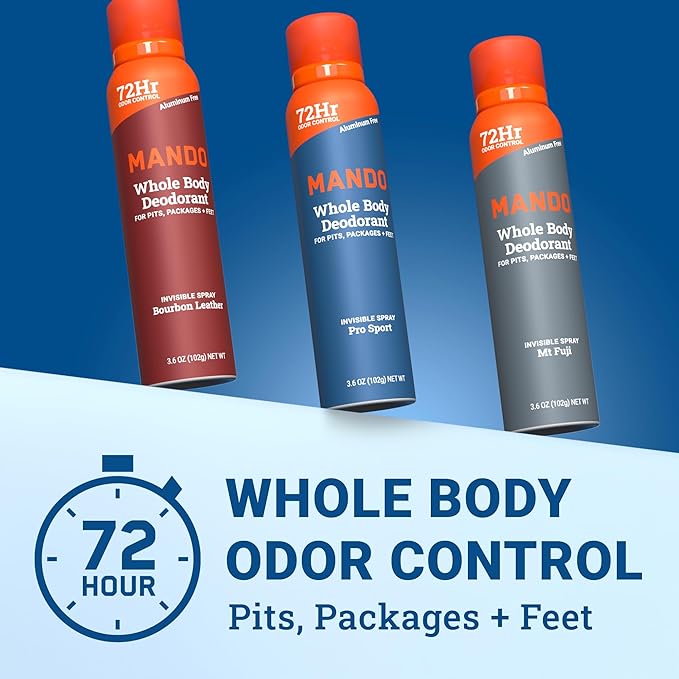 Mando Whole Body Deodorant For Men - Invisible Spray Deodorant - 72 Hour Odor Control - Low Irritation Formula - Aluminum Free, Benzene Free - 3.6 ounce - 3pk - Bourbon Leather, Mt Fuji, Pro Sport