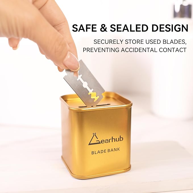 Gearhub Blade Bank Sharps Disposal Container Safely Store Used Safety Razor Blades Large Capacity for Barber Shops & Personal Use Sealed Design Holds 300+ Blades Matte Gold