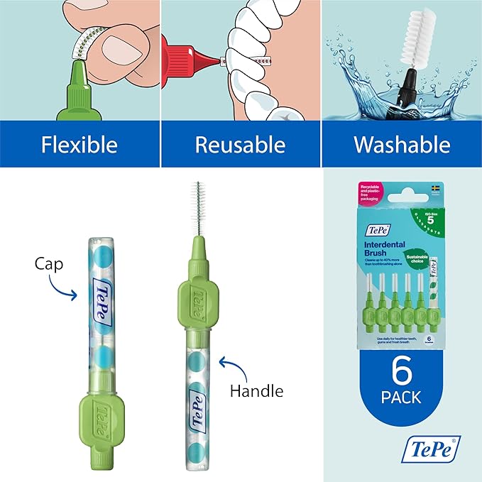 TePe Interdental Brush Original, Soft Dental Brush for Teeth Cleaning, Pack of 6, 0.8mm, Large Gaps, Green, Size 5