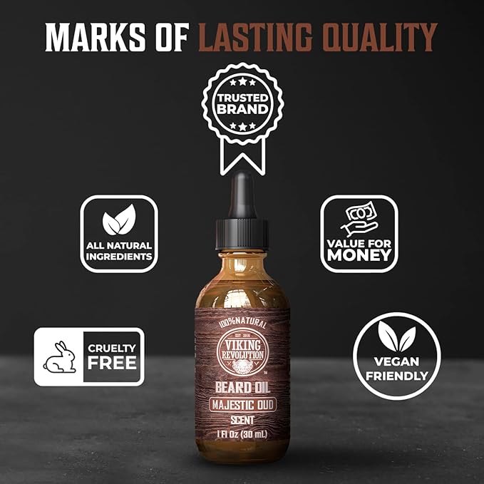 Viking Revolution Majestic Oud Beard Oil for Men - Natural Mens Beard Oil with Argan Oil and Jojoba Oil - Beard Softener, Strengthens and Moisturizes - Beard Conditioner for Men (Majestic Oud,1 Pack)