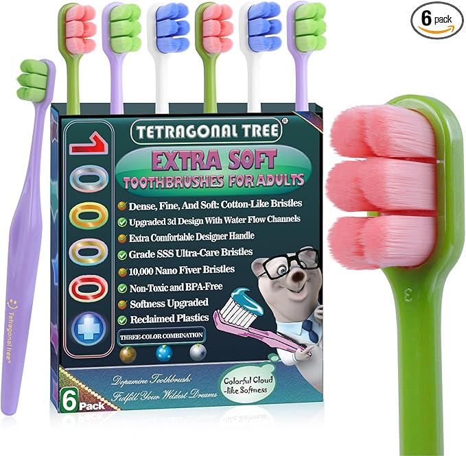 6 Pack Extra Soft Toothbrushes for Adults - 10,000 Ultra Soft Bristles for Sensitive Teeth & Receding Gums | Dentist Recommended Gentle Cleaning | BPA-Free | Colors May Vary