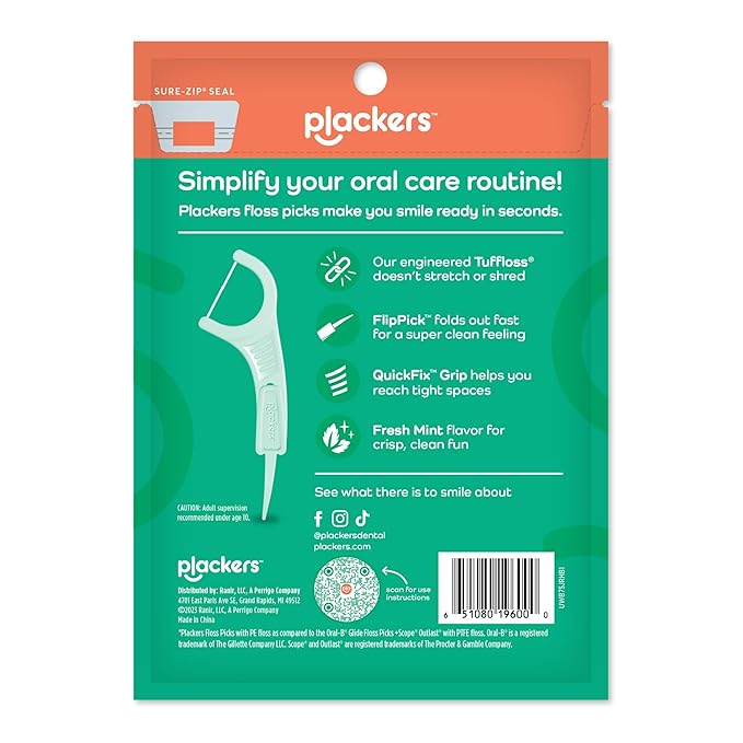 Plackers Micro Line Dental Floss Picks, Fold-Out FlipPick, Tuffloss, Easy Storage with Sure-Zip Seal, Fresh Mint Flavor, 90 Count (6 Pack)