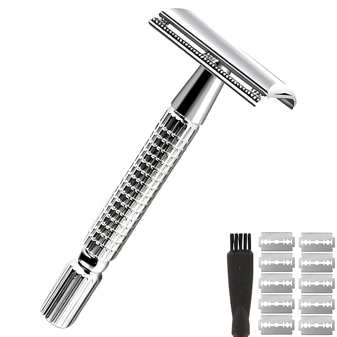 Double Edge Safety Razor for Men and Women - Butterfly Open Shaving Razor with 10 Stainless Steel Blades, Precision Shaving, Durable, Eco-Friendly 12-Piece Kit