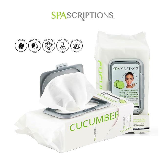 SpaScriptions Cucumber Cleansing Facial Wipes - Hydrating & Soothing Makeup Remover Wipes With Vitamin A, C & E For Moisturizing & Youtful Skin, Daily Use Face Wipes For All Skin Types, 1-Pack (60ct)