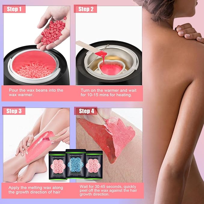 Wax Beads for Hair Removal 10.5oz (300g), Auperwel Hard Wax Beads Beans for Sensitive Skin Brazilian Waxing, Face, Bikini, Eyebrow, Legs, Painless for Women Men, 3 packs Kit with 10 Sticks