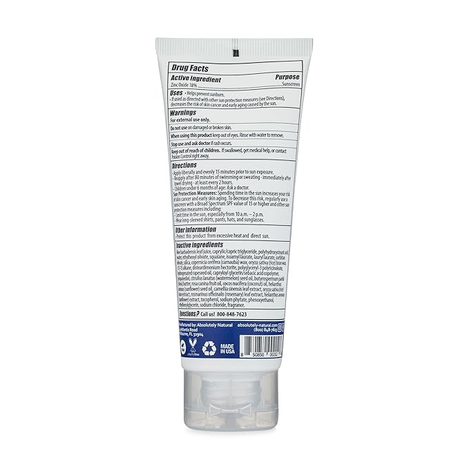 Absolutely Natural - SPF 30 Mineral Sunscreen - Broad Spectrum Water Resistant Moisturizer Lotion For Body & Face - With Non-Nano Zinc Oxide, Vitamin E, & Antioxidants - Made in USA, 3 Oz