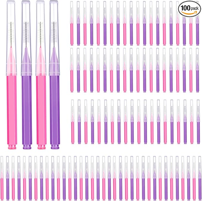Patelai 100 Pieces Braces Brush for Cleaner Interdental Brush Toothpick Dental Tooth Flossing Head Oral Dental Hygiene Flosser Toothpick Cleaners Tooth Tool(Pink,Purple,Suitable Size)