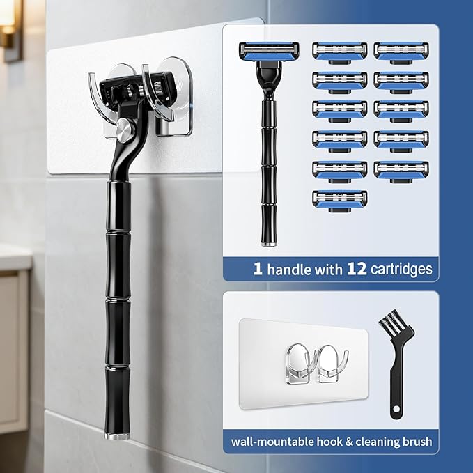 Men's Razor Blade Refills, 12 Count, 3-Layer Ceramic Coated Blades with Lubricating Strip, Matching Handle, Wall Hook & Cleaning Brush Included for Smooth Shaving