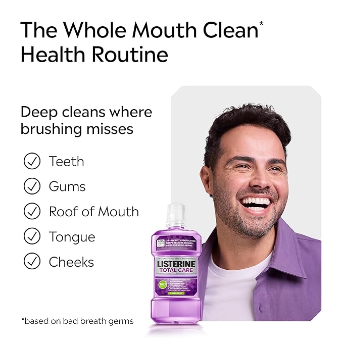 Listerine Total Care Anticavity Fluoride Mouthwash, 6 Benefits in 1 Oral Rinse Helps Kill 99.9% of Bad Breath Germs, Prevents Cavities, Strengthens Enamel, ADA-Accepted, Fresh Mint, 250 mL (Pack of 2)