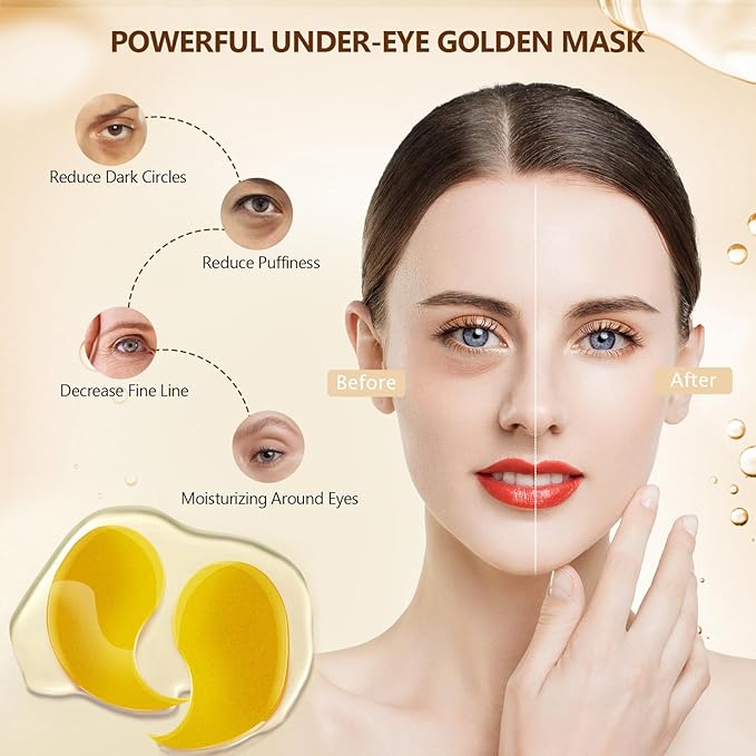 60 Pcs 24K Gold Under Eye Patches, 30 Pairs Undereye Mask for Dark Circles Puffy Eyes Treatment, Collagen Gel Pads Hydrating for Eye Bags Puffiness Wrinkle, Women Men Beauty Skin Care Products