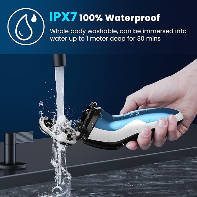 Waterproof Men’s Electric Shaver with Travel Case, Powerful & Quiet, Type C Fast Charge (60min Charge, 120min Use), Precision Trimmer (Blue)