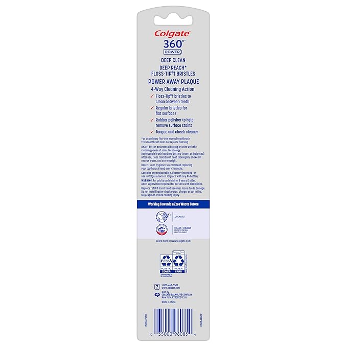 Colgate 360 Power Deep Clean Battery Operated Sonic Toothbrush, Soft Adult Toothbrush, Includes 1 AA Battery, Rubber Polisher, and Tongue and Cheek Cleaner
