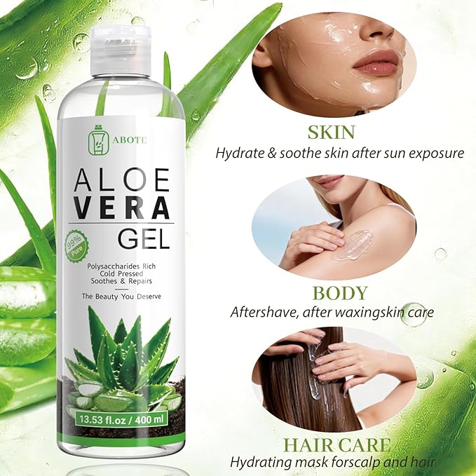 ABOTE Organic Aloe Vera Gel from 99% Pure Aloe for All - Ideal for After Suncare, Post - Shave & Itchy Skin - Works on Face, Body & Hair Care, Family Pack Size 13.53 fl oz, 400ml