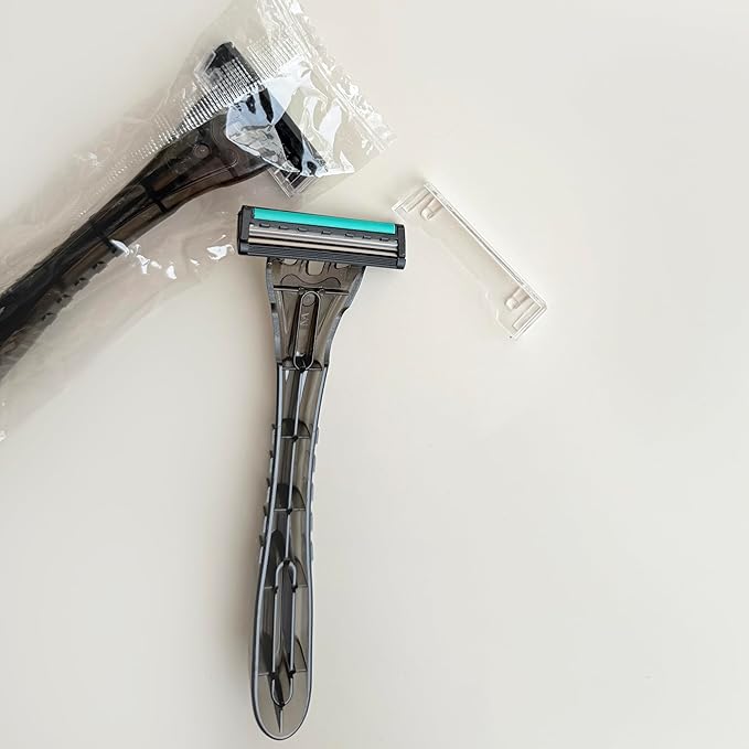 Disposable 3 Blades Razors Bulk, Travel Size Individually Wrapped Manual Razors with Stainless Steel Blade (Grey) (30)