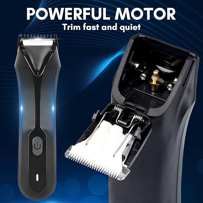 FAMILIFE Body Trimmer for Men, Ball Trimmer Men, Electric Groin & Pubic Hair Trimmers, Replaceable Ceramic Blade Heads, Waterproof Wet/Dry Use, Standing Recharge Dock, 90 Minutes Usage
