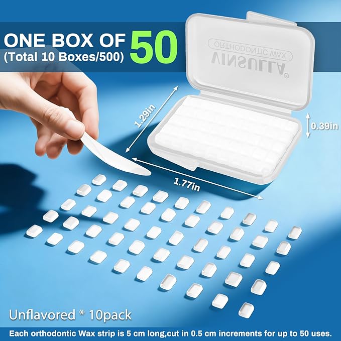 VINSULLA Orthodontic Wax for Braces - 500 Precut Dental Wax Dots Braces Wax Strips,Safe for Kids & Adults,Wax for Dental Brackets & Aligners 10Pack