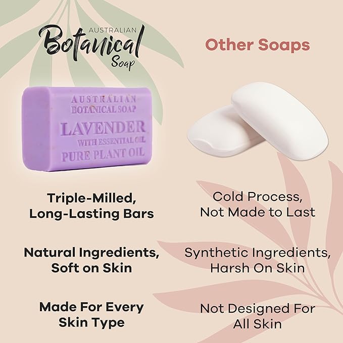 Australian Botanical Soap Lavender with Essential Oil 6.6 oz Luxury Soap Bars Enriched with Shea Butter, Pack of 4, Packaging May Vary