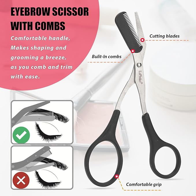 LePinko Eyebrow Trimmer Kit, 7 in 1 Eyebrow Scissors, Tweezer, Razor, Gromming Scissors Brush for Women Men, Gifts for Stocking Stuffers - Black