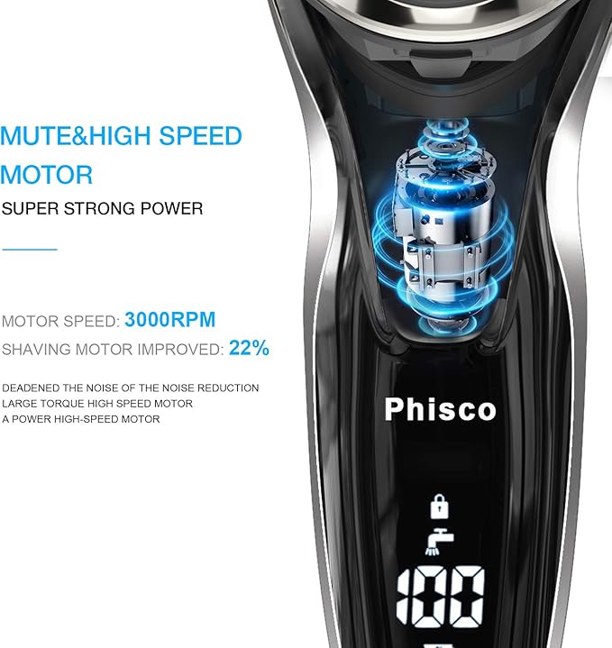 Phisco Electric Shaver Razor for Men, Rechargeable Floating Rotary Razor with Pop-up Sideburn Trimmer, LED Display Waterproof Shaver for Dry Wet Shaving