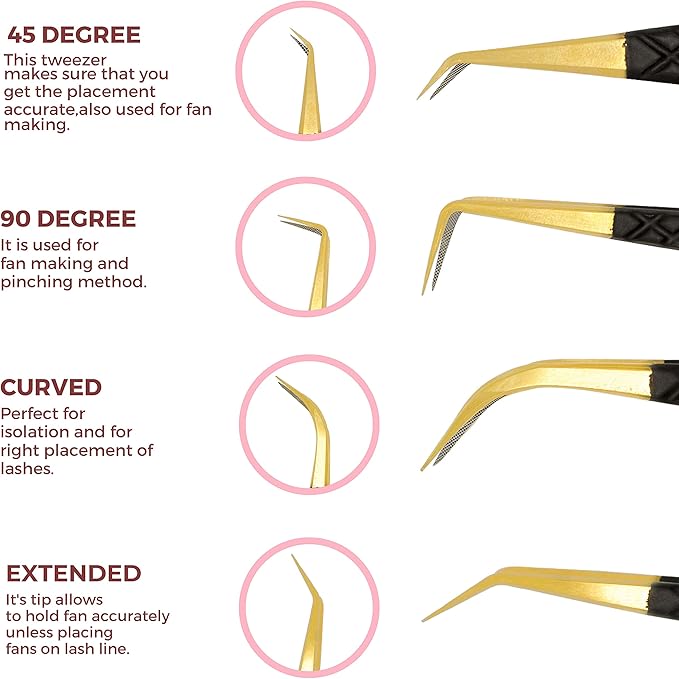 SIVOTE Fiber Tip Lash Tweezers for Eyelash Extensions with Diamond Grip, Black, Set of 4 - Precise Tips Japanese Steel for Classic, Volume & Mega Volume Lashes, Anti-Rust - Ideal for Lash Artists