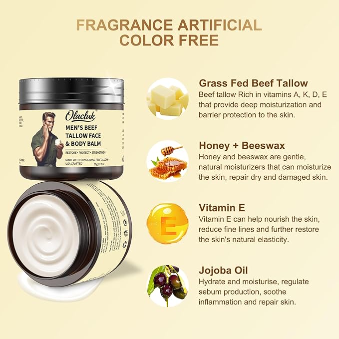 Beef Tallow for Skin, Grass Fed Beef Tallow Honey Balm for Men, Honey Face Moisturizer Skin Care for Face and Body, Hydrating Anti Aging, Unscented, Christmas Gifts for Women & Men, 2oz