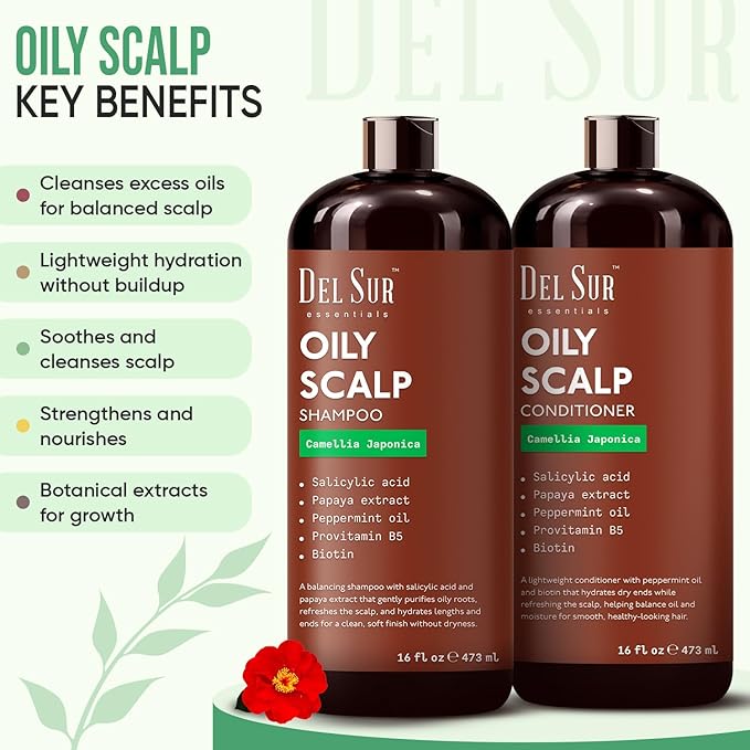 DEL SUR Clarifying Shampoo & Conditioner Set for Oily Scalp | 16 fl oz | with Camellia Japonica, Salicylic Acid, Papaya & Biotin | Oil Control for Oily Roots & Greasy Hair