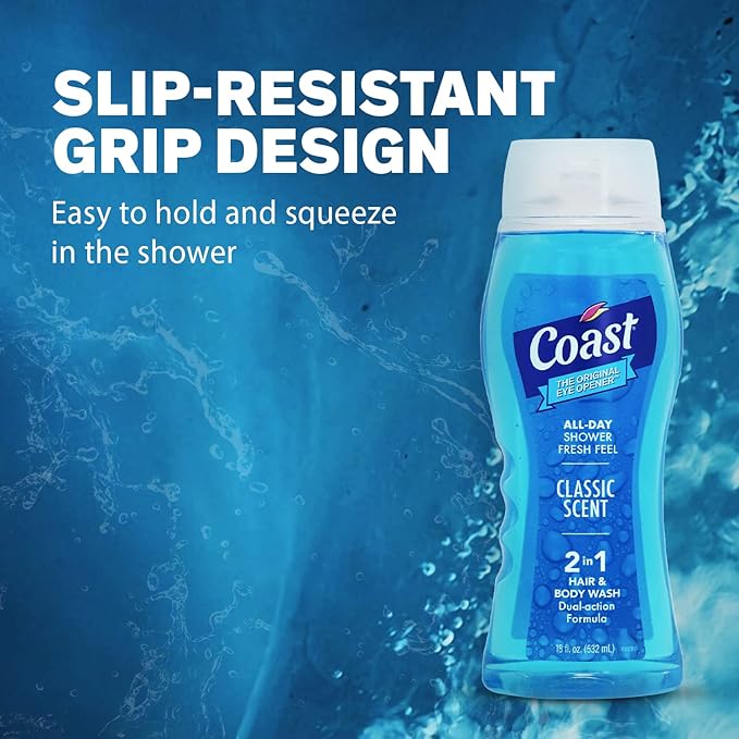 Coast 2-in-1 Hair and Body Wash, Classic Scent - Men's Body Wash, Shampoo & Conditioner - 6 Pack x 18 Fl Oz - Moisturizing & Refreshing Rich Lather for Energized And Clean Skin
