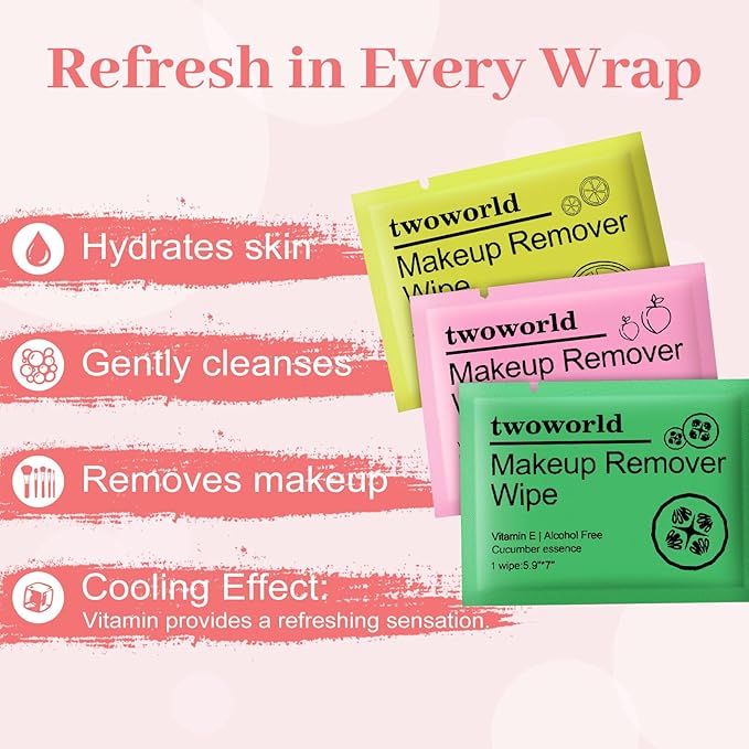 Makeup Remover Wipes Bulk Individually Wrapped,Travel Makeup Wipes Gentle for Face Cleansing Mascara Lipstick Travel Hotel（honey peach,lemon and cucumber,pack of 60)