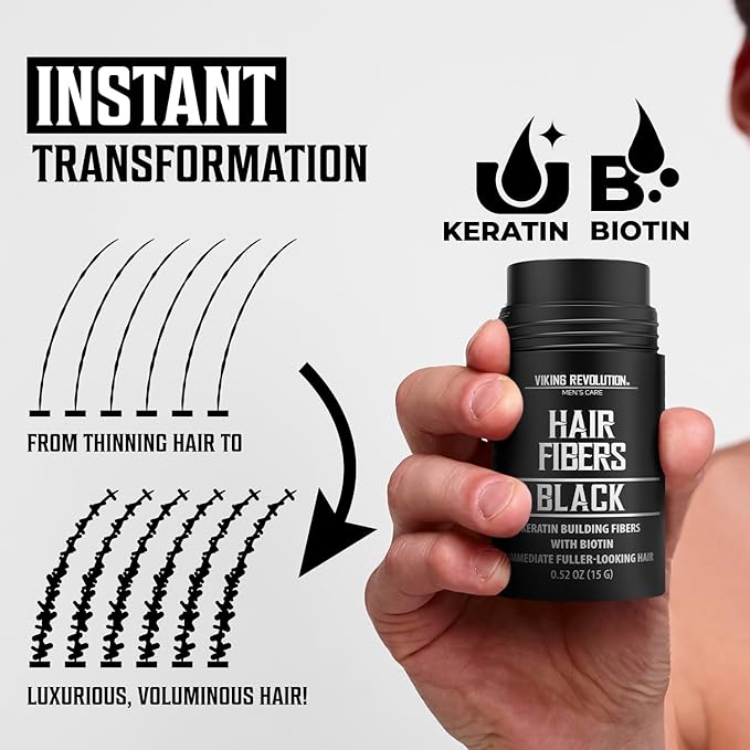 Viking Revolution Black Hair Fibers for Thinning Hair Men - Thick Fiber for Bald Spot Cover Up - Hair Building Fibers with Kerating and Biotin - Hair Fiber for Men for Thicker and Fuller Look (0.52oz)