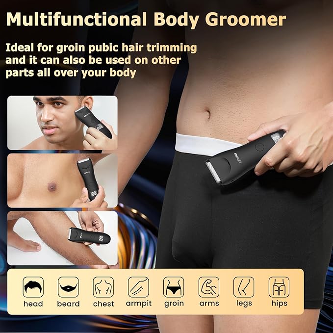 Body Hair Trimmer for Men with Light, IPX7 Waterproof Ball Pubic Groin Hair Trimmer for Men with Ceramic Blade, Rechargeable Body Groomer for Man with Charing Dock& LED Display,Black
