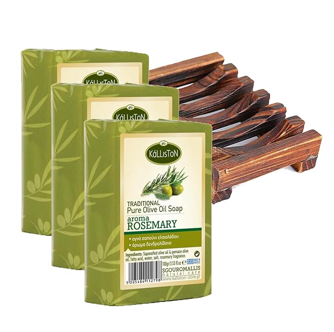 Kalliston, Rosemary & Olive Oil Soap Bar, Includes Bamboo Soap Dish and Tray, Crafted in Historic Crete, Greece, Pack of 4