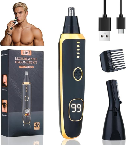 2 in 1 Nose and Ear Hair Trimmer with LED Display, Rechargeable Electric Nasal Hair Clipper for Men & Women, Eyebrow & Facial Hair Removal with Dual-Edge Blades, Easy to Clean