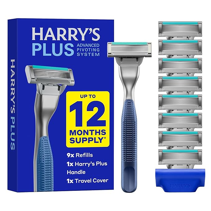 Harry's Plus Razor Value Pack - Premium Handle and 9 Razor Blade Cartridges - Advanced Pivoting System - Shaving Kit for Men - Tide