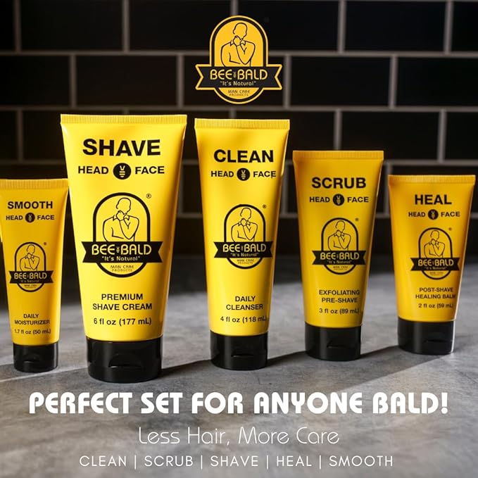 Bee Bald Premium Gift Set for Bald Men, Gift to Combine with Head Shavers for Bald Men Gift - Includes Bald Head After Shave, Moisturizer, Shaving Cream, Exfoliator, and Cleanser (5 Piece Kit)
