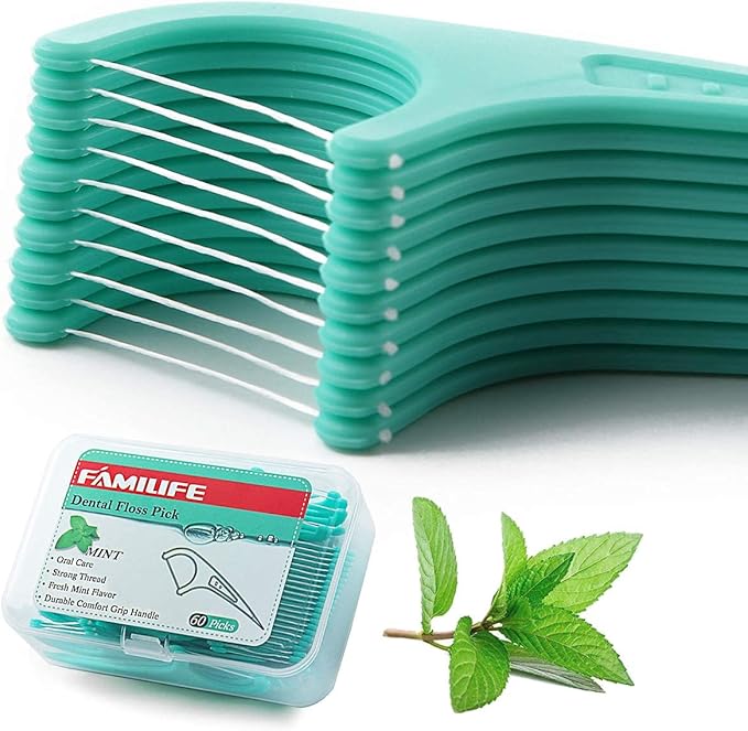 FAMILIFE Floss Picks, 240 Count Mint Dental Floss Cleaner, Tooth Picks Flossers with 4 Travel Handy Cases, Helps to Fight Tooth Decay and Keep Your Teeth Clean, Flossing Sticks for Family